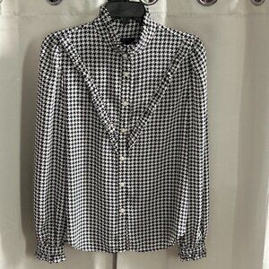 Ann‎ Taylor Womens Top Size XS Black White Houndstooth Western Ruffle Y2K 17138